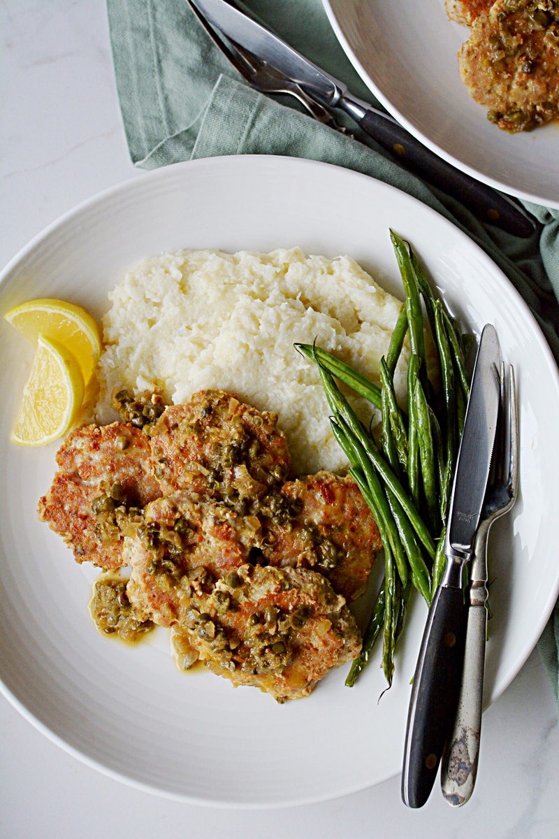 Chicken Piccata Patties with Mashed Cauliflower and Broiled Green Beans