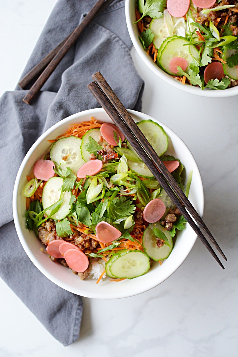 Crispy Sticky Pork and Pickled Vegetable Rice Bowls