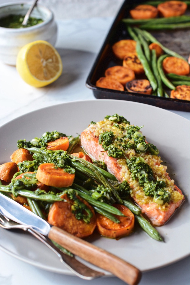 Roasted Salmon, Yams and Green beans with Salsa Verde